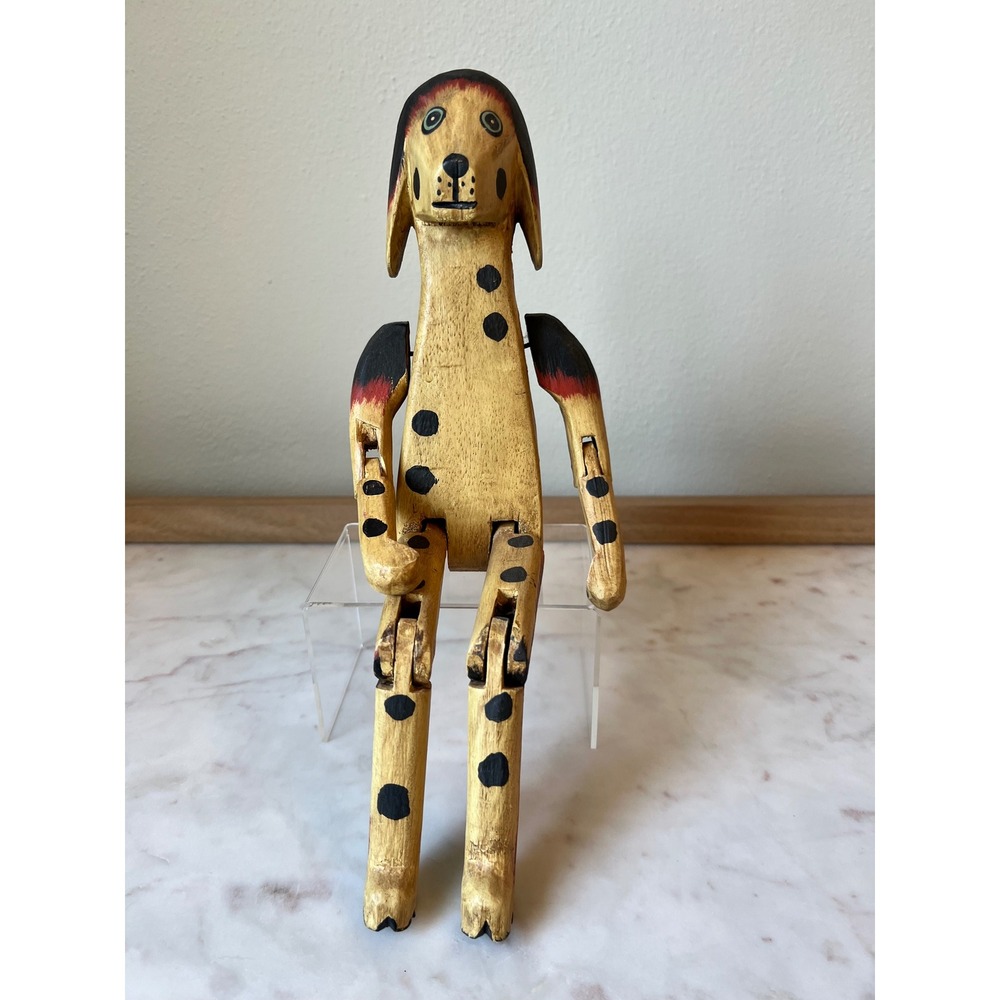 Vintage Folk Art Jointed Limbs Carved Wooden Dog Shelf Sitter Articulated